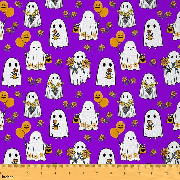jejeloiu Ghost Flower Ballon Fabric by the Yard 3 Yards,Halloween Theme Sewing Fabric,White Purple Fabric for Sewing For Children,Luxury Bedroom Decor