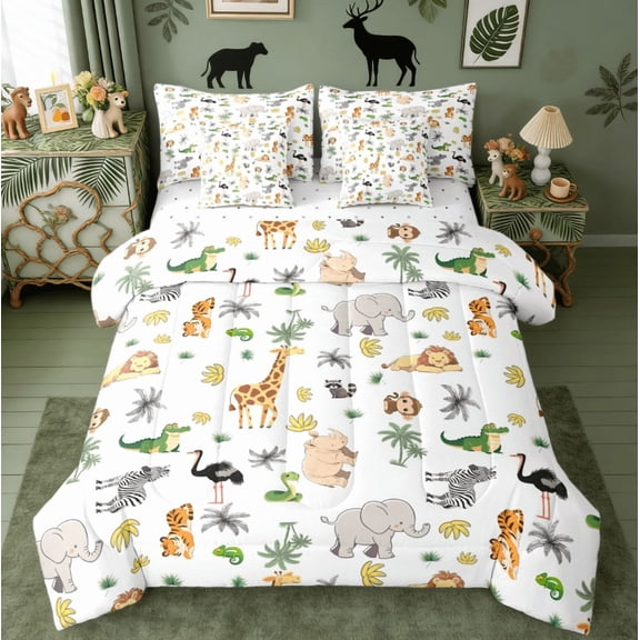 jejeloiu Giraffe Elephant Zebra Bedding Comforter Set 7-Piece,Kawaii Zoo Anima King Bedding Sets,Hawaii Coconut Tree Bed Sheets For Boys Kids,Microfiber Bedroom Decor Reversible