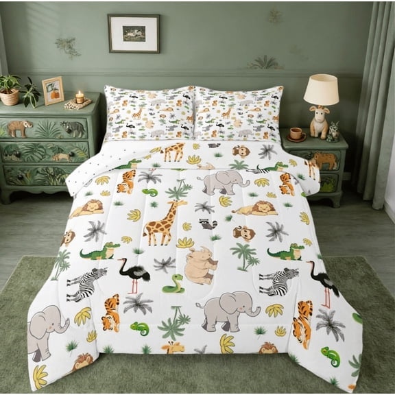 jejeloiu Giraffe Elephant Zebra Bedding Comforter Set,Kawaii Zoo Anima Twin Comforter Sets,Hawaii Coconut Tree Bedding Set For Boys Kids,Microfiber Bedroom Decor Reversible,2pcs