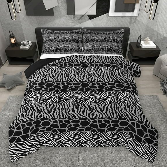 jejeloiu Giraffe Pattern Full Size Comforter Sets,Wild Zebra Print Bedding Comforter Set,Gray Abstract Stripes Bedding Sets For Kids,Luxury Bedroom Decor Reversible,3pcs