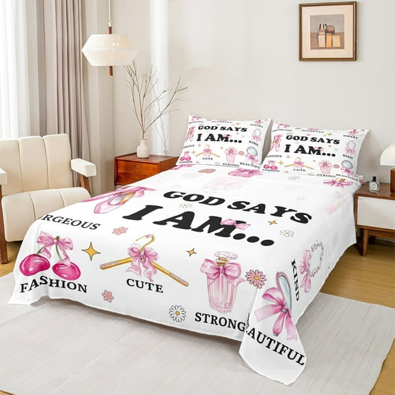 jejeloiu Girl Cosmetics Theme Full Size Sheets,Perfume Ballet Shoes Bed Sheets,Cartoon Flower Floral Sheet Sets For Girls,Lightweight Room Decor,4 Pieces