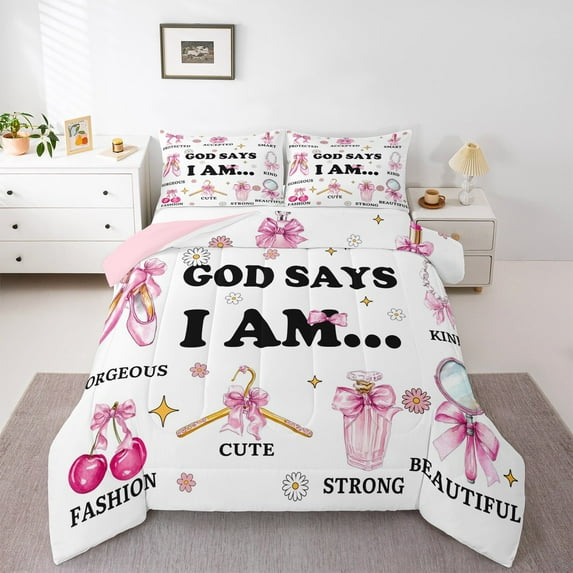 jejeloiu Girl Cosmetics Theme Queen Comforter Set,Perfume Ballet Shoes Bedding Sets,Cartoon Flower Floral Bedding Comforter Set For Girls,Lightweight Room Decor Reversible,3pcs
