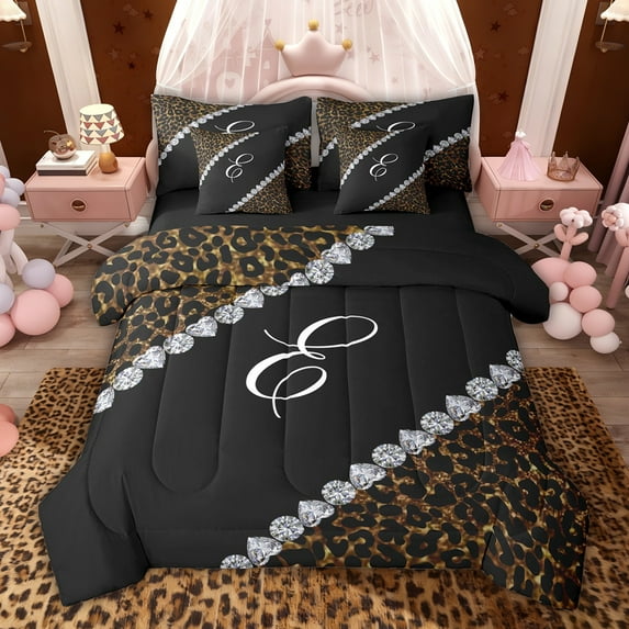 jejeloiu Girl Personalized Gifts 7 Pieces Bedding Comforter Set,First Letter E Full Bedding Set For Leopard Lover Reversible