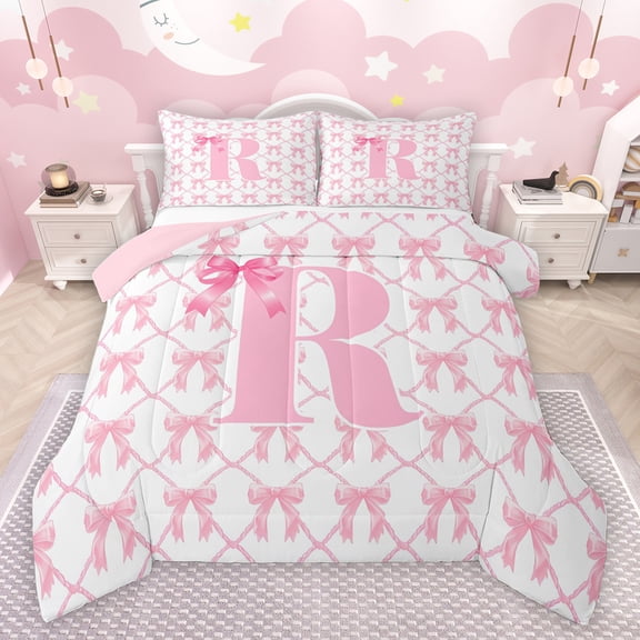 jejeloiu Girl Personalized Gifts Full Size Comforter Sets,Pink Letter R Bedding Comforter Set,Cute Cartoon Bowtie Bedding Sets For Princess,Lightweight Room Decoration Reversible,3pcs