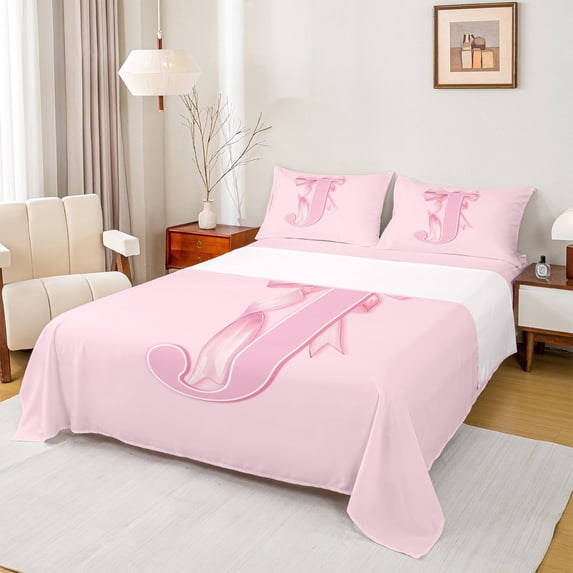 jejeloiu Girl Personalized Gifts Full Size Sheets,Pink Letter J Bed Sheets,Cartoon Cute Bowknot Sheet Sets For Princess,Lightweight Room Decoration,4pcs