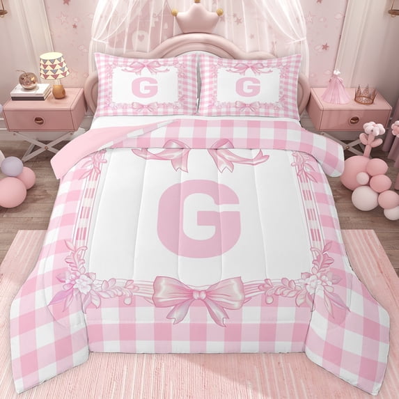 jejeloiu Girl Personalized Gifts Queen Comforter Set,First Letter G Bedding Comforter Set For Bowknot Lover Reversible 3 Pieces