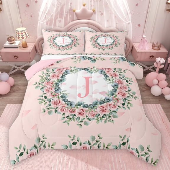 jejeloiu Girl Personalized Gifts Queen Comforter Set,Pink Letter J Bedding Sets,Rustic Flower Floral Bedding Comforter Set For Princess,Lightweight Room Decoration Reversible,3 Pieces