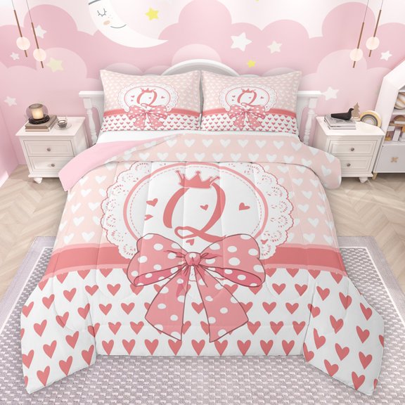 jejeloiu Girl Personalized Gifts Queen Comforter Set,Pink Letter Q Bedding Sets,Chic Princess Crown Bedding Comforter Set For Princess,Lightweight Room Decoration Reversible,3 Pieces