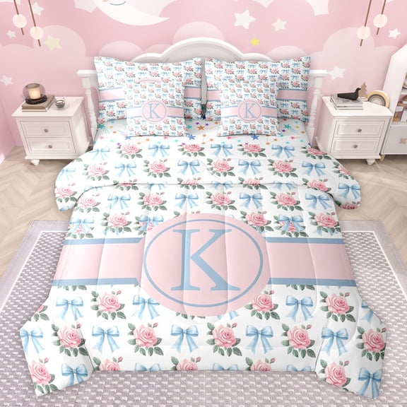 jejeloiu Girl Valentine'S Gifts 7pcs Bedding Comforter Set,Blue Letter K Queen Bedding Sets,Cartoon Bowknot Kawaii Flower Queen Sheet Sets For Princess,Lightweight Room Decoration Reversible