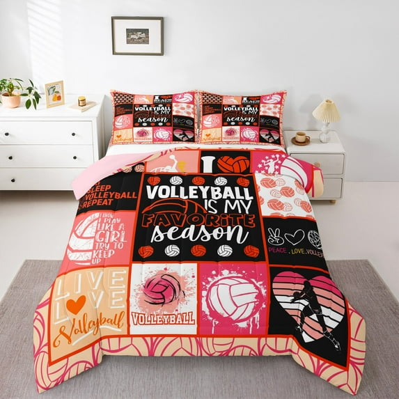jejeloiu Girls Ball Games Bedding Comforter Set,Geometric Grid Checkered Twin Comforter Sets,Volleyball Sports Bedding Set For Kids,Ultra Soft Home Decor Reversible,2pcs