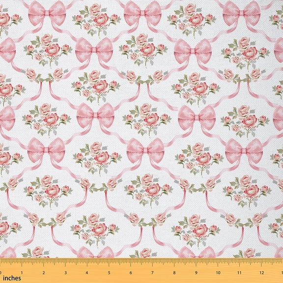 jejeloiu Girls Bow Bowknot Fabric by the Yard 1 Yard,Rustic Flower Floral Home Decor Fabric by the Yard,Natural Theme Sewing Fabric For Princess,Luxury Bedroom Decor