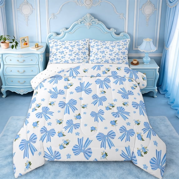 jejeloiu Girls Cute Bow Full Size Comforter Sets,Blue Bowtie Flower Bedding Sets For Girls Kids Reversible 3-Piece