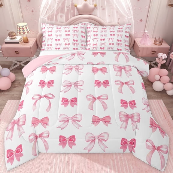 jejeloiu Girls Cute Bow Twin Comforter Sets,Pink Bowtie Pattern Bedding Set For Girls Kids Reversible 2 Pieces
