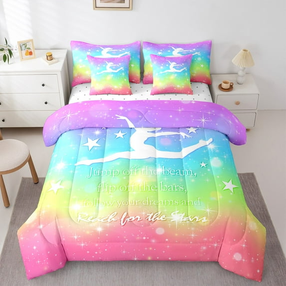 jejeloiu Girls Gymnast Twin Bedding Sets 7-Piece,Gymnastic Dance Lover Bedding Comforter Set,Rainbow Starry Night Sheet Sets For Teens,Breathable Home Decor