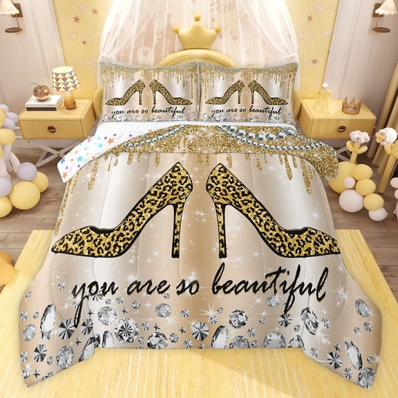 jejeloiu Girls High Heels Twin Comforter Sets,Chic Leopard Print Bedding Set For Women Reversible 2 Pieces