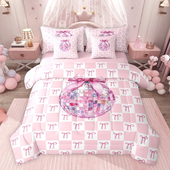 jejeloiu Girls Kawaii Bowknot 7pcs Bedding Comforter Set,Pink Disco Ball Queen Bedding Sets For Bows Women Reversible