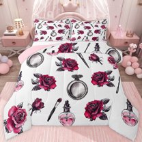 jejeloiu Girls Perfume Cosmetics Twin Comforter Sets,Red Flower Blossom Bedding Set For Girls Teens Reversible 2pcs