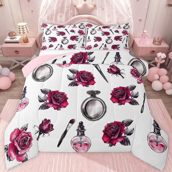 jejeloiu Girls Perfume Cosmetics Twin Comforter Sets,Red Flower Blossom Bedding Set For Girls Teens Reversible 2pcs