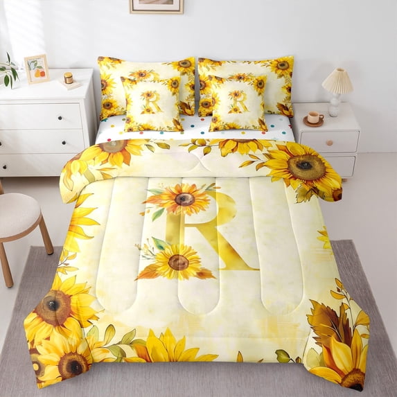 jejeloiu Girls Personalized Gifts Bedding Comforter Set 7-Piece,Gold Letter R King Bedding Sets,Natural Flower Sunflower Bed Sheets For Princess,Lightweight Room Decoration Reversible