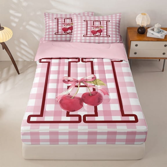 jejeloiu Girls Personalized Initial Gifts Zipper Twin Comforter Sets with Fitted Sheet and 2 Pillowcases,Pink Checkered Initial H Art Zipper Bedding Set,Pink Reversible,4-Piece