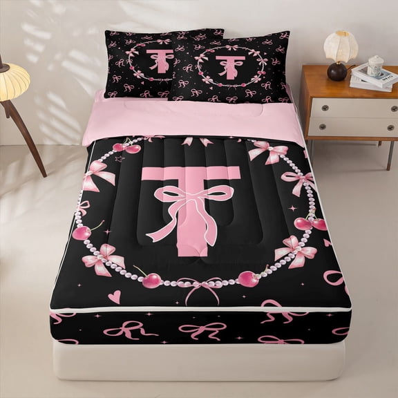 jejeloiu Girls Personalized Initial T Zipper Twin Comforter Sets with Fitted Sheet and 2 Pillowcases For Kids,Pink Ribbon Bowknot Print Zipper Bedding Set,Pink Reversible,4-Piece