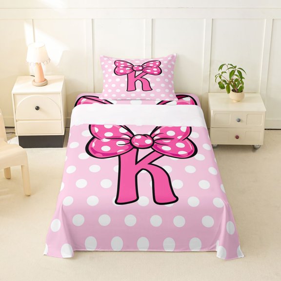 jejeloiu Girls Personalized Monogram Gifts Twin Sheet Sets For Kids,Kawaii Polka Dot Bow Initial K Bedding,3pcs