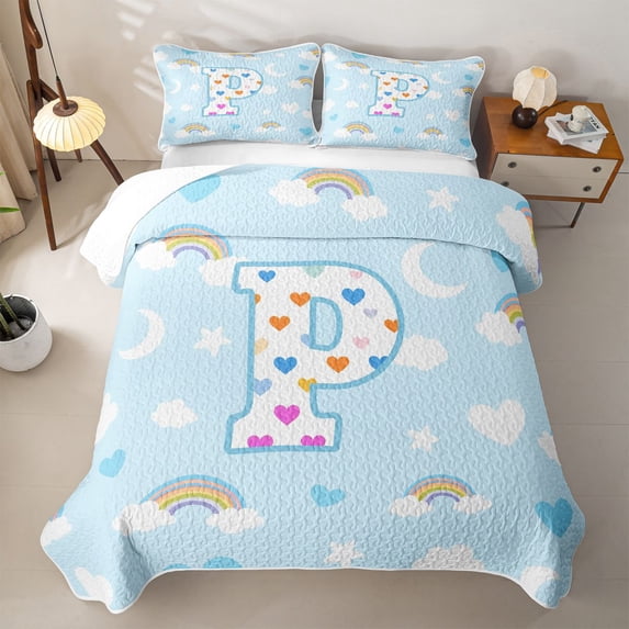 jejeloiu Girls Personalized Monogram P Quilt King For Kids,Rainbow Loves Initial Design King Coverlet Set,3pcs