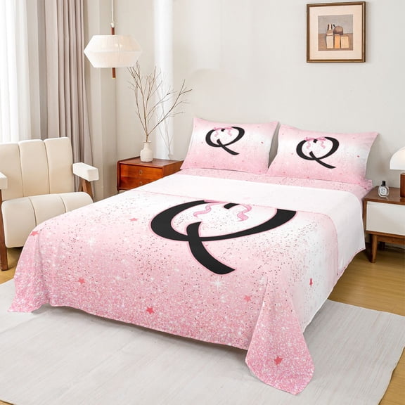 jejeloiu Girls Personalized Monogram Q Bed Sheets,Ribbon Bowknot Initial Print King Sheets For Kids,4pcs