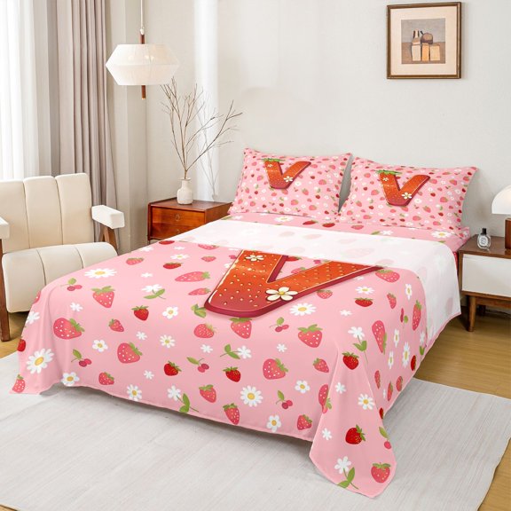 jejeloiu Girls Personalized Monogram V Full Size Sheets For Girls,Strawberry Themed Initial Bed Sheets For Kids,4-Piece