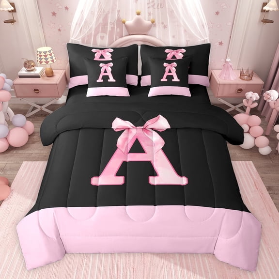 jejeloiu Girls Pink Bowknot 7-Piece Twin Bedding Sets,First Letter E Bedding Comforter Set For Kids Reversible