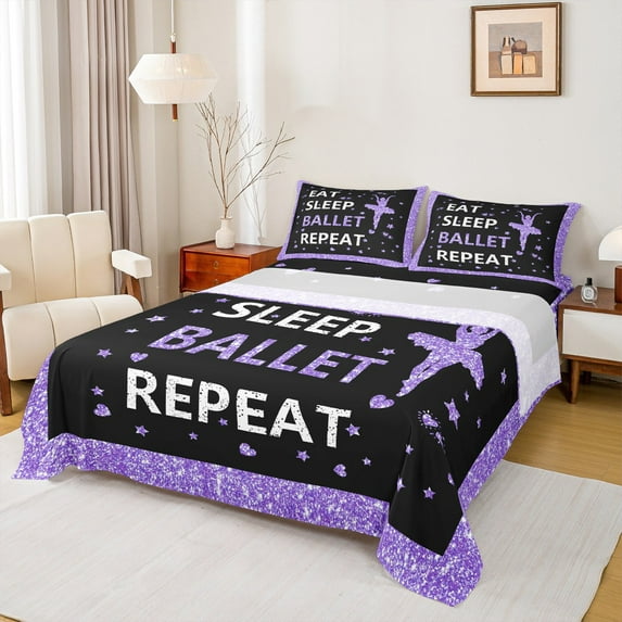 jejeloiu Girly Ballerina Full Size Sheets,Ballet Dancer Bed Sheets,Purple Bling Heart Sheet Sets For Teens,Luxury Bedroom Decor,4-Piece
