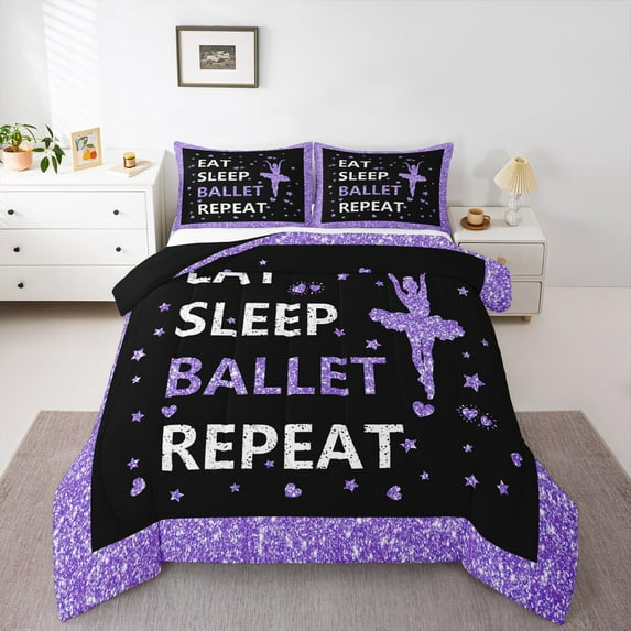 jejeloiu Girly Ballerina Queen Comforter Set,Ballet Dancer Bedding Sets,Purple Bling Heart Bedding Comforter Set For Teens,Luxury Bedroom Decor Reversible,3 Pieces