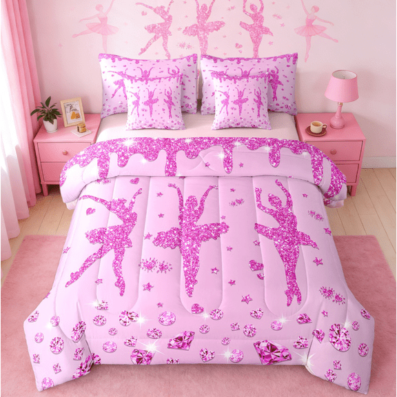 jejeloiu Girly Ballet Bedding Comforter Set 7pcs,Ballerina Dancer Queen Bedding Sets,Pink Bling Diamond Queen Sheet Sets For Teens,Luxury Bedroom Decor Reversible