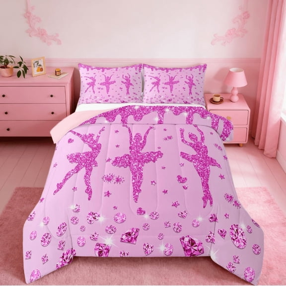 jejeloiu Girly Ballet Bedding Comforter Set,Ballerina Dancer Twin Comforter Sets,Pink Bling Diamond Bedding Set For Teens,Luxury Bedroom Decor Reversible,2pcs