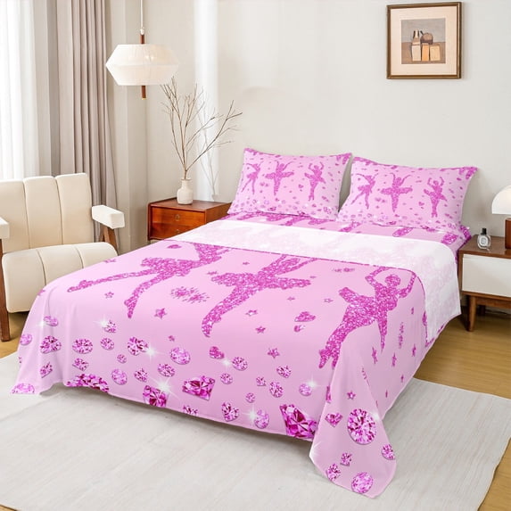 jejeloiu Girly Ballet Twin Sheet Sets,Ballerina Dancer Twin Fitted Sheet,Pink Bling Diamond Flat Sheet For Teens,Luxury Bedroom Decor,3pcs