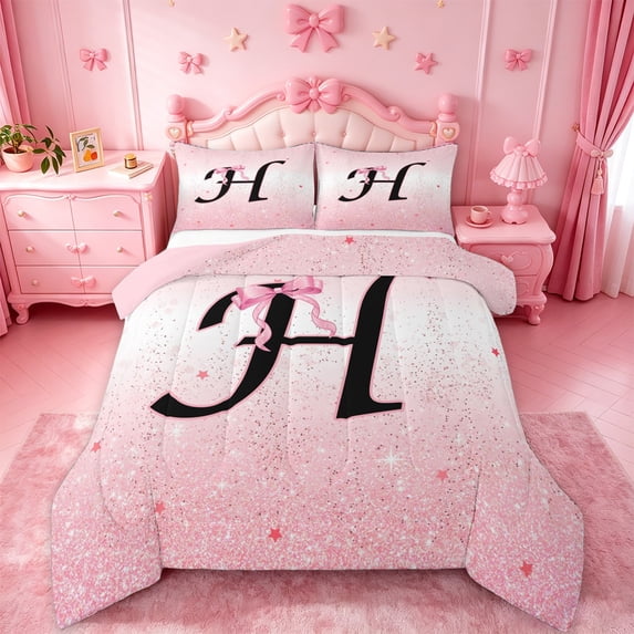 jejeloiu Girly Bow Monogram H Full Size Comforter Sets For Kids,Pink Sparkle Print Initial Art Bedding Sets,Pink Reversible,3 Pieces
