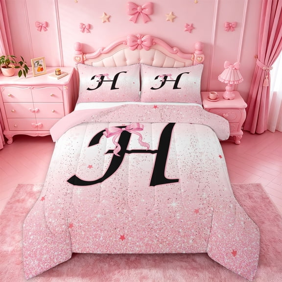 jejeloiu Girly Bow Monogram H Queen Comforter Set For Kids,Pink Sparkle Print Initial Art Bedding Comforter Set,Pink Reversible,3pcs