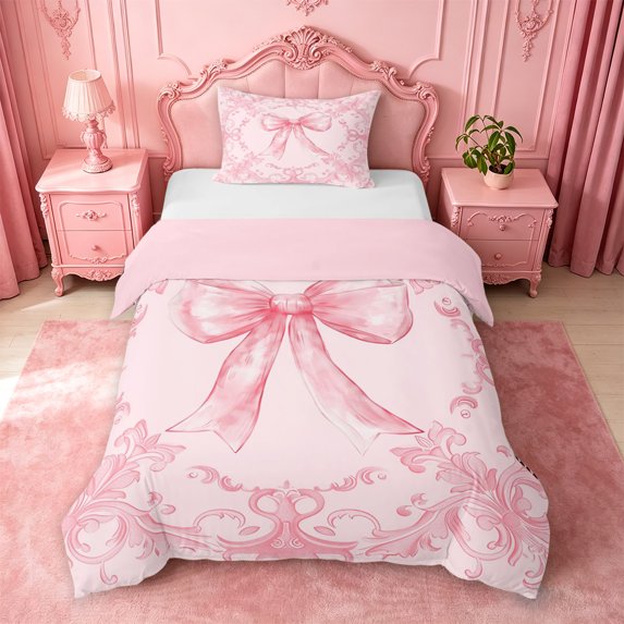 jejeloiu Girly Bow Twin Duvet Cover For Girls,Romantic Pattern Twin Bedding,Pink White,Pink Reversible,2 Pieces,1 Duvet Cover and 1 Pillowcase
