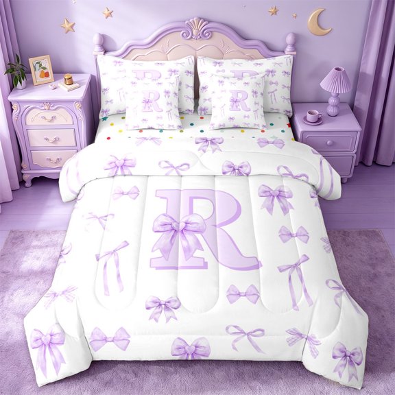 jejeloiu Girly Bowknot Alphabet R 7 Pieces Bedding Comforter Set For Girls,Purple Bow tie Initial Art Full Bedding Set,Reversible