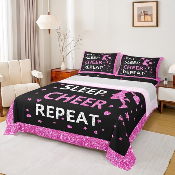jejeloiu Girly Cheerleading Twin Sheet Sets,Cheerleader Dancer Twin Fitted Sheet,Pink Bling Diamond Flat Sheet For Teens,Luxury Bedroom Decor,3 Pieces