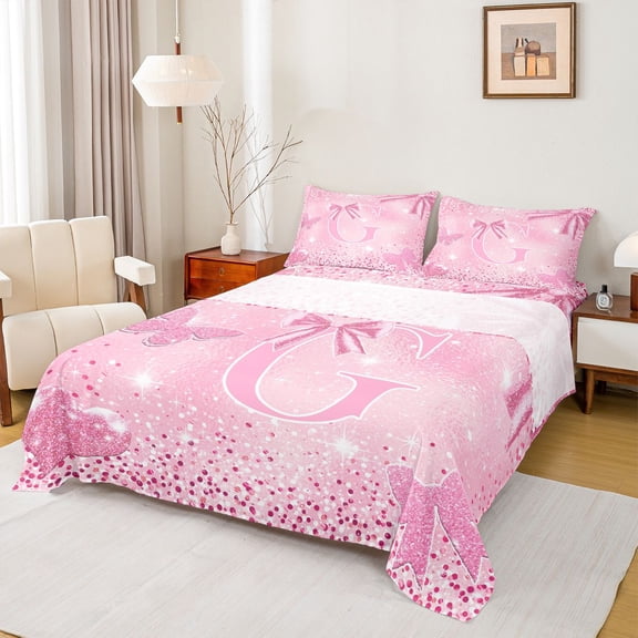 jejeloiu Glitter Bow Initial G Print Bed Sheets For Girls,Sparkly Pink Monogram Print King Sheets,4pcs