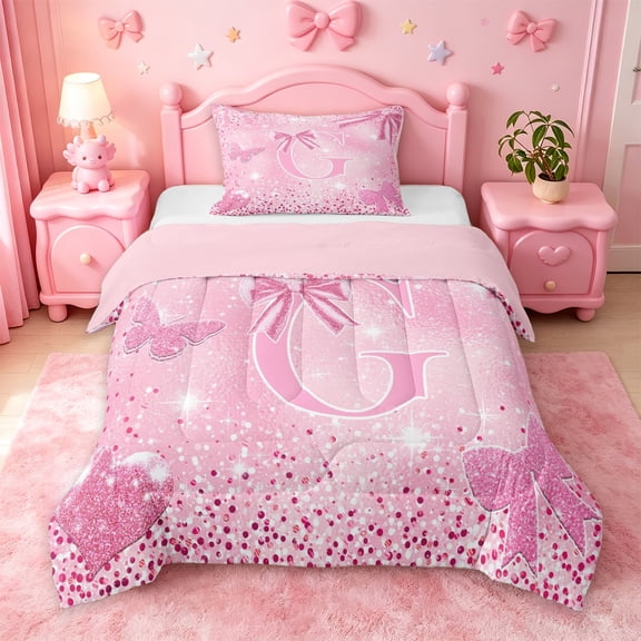 jejeloiu Glitter Bow Initial G Print Twin Comforter Sets For Girls,Sparkly Pink Monogram Print Bedding Set,Pink Reversible,2-Piece