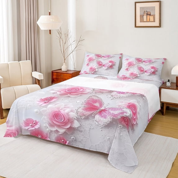 jejeloiu Glitter Butterflies Print Bed Sheets,Pink Floral Flower King Sheets,Romance Theme Sheet Set For Children,Microfiber Bedroom Decor,4pcs