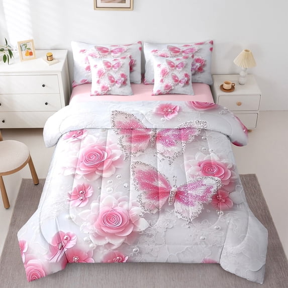 jejeloiu Glitter Butterflies Print Twin Bedding Sets 7-Piece,Pink Floral Flower Bedding Comforter Set,Romance Theme Sheet Sets For Children,Microfiber Bedroom Decor Reversible