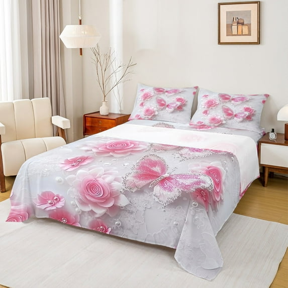 jejeloiu Glitter Butterflies Print Twin Sheet Sets,Pink Floral Flower Twin Fitted Sheet,Romance Theme Flat Sheet For Children,Microfiber Bedroom Decor,3pcs
