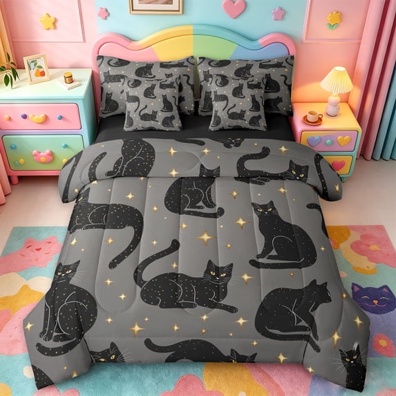 jejeloiu Glitter Print Black Cat 7pcs Bedding Comforter Set For Kids,Gold Cute Stars Print Queen Bedding Sets For Girls,Reversible
