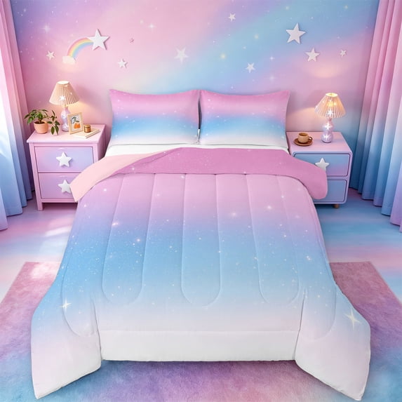 jejeloiu Glitter Print Star Gradient Full Size Comforter Sets Kids,Pink Blue Magical Sky Pattern Bedding Sets For Girls,Reversible,3-Piece