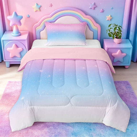 jejeloiu Glitter Print Star Gradient Twin Comforter Sets Kids,Pink Blue Magical Sky Pattern Bedding Set For Girls,Reversible,2pcs