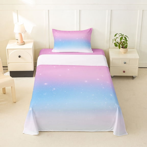 jejeloiu Glitter Print Star Gradient Twin Sheet Sets Kids,Pink Blue Magical Sky Pattern Bedding For Girls,3pcs