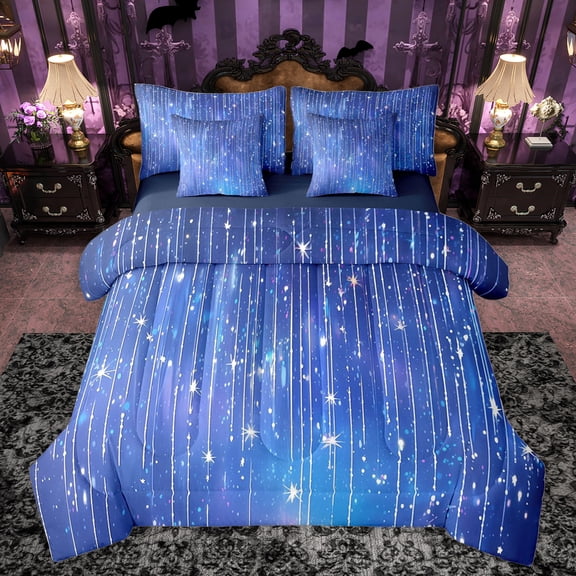 jejeloiu Glitter Print Striped 7pcs Bedding Comforter Set,Abstract Ombre Queen Bedding Sets,Blue Galaxy Starry Night Queen Sheet Sets For Boys Kids,Breathable Home Decor Reversible